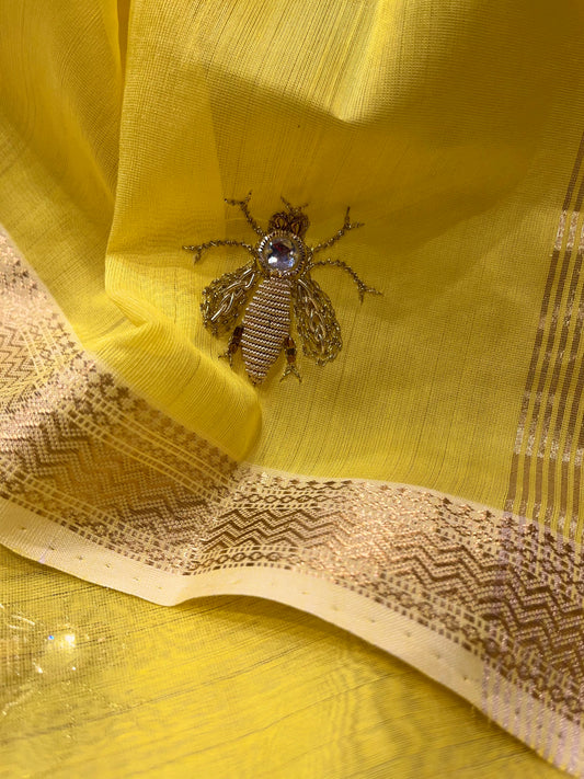 YELLOW COLOUR CHANDERI BEE HAND EMBROIDERED SAREE EMBELLISHED WITH ZARDOZI WORK