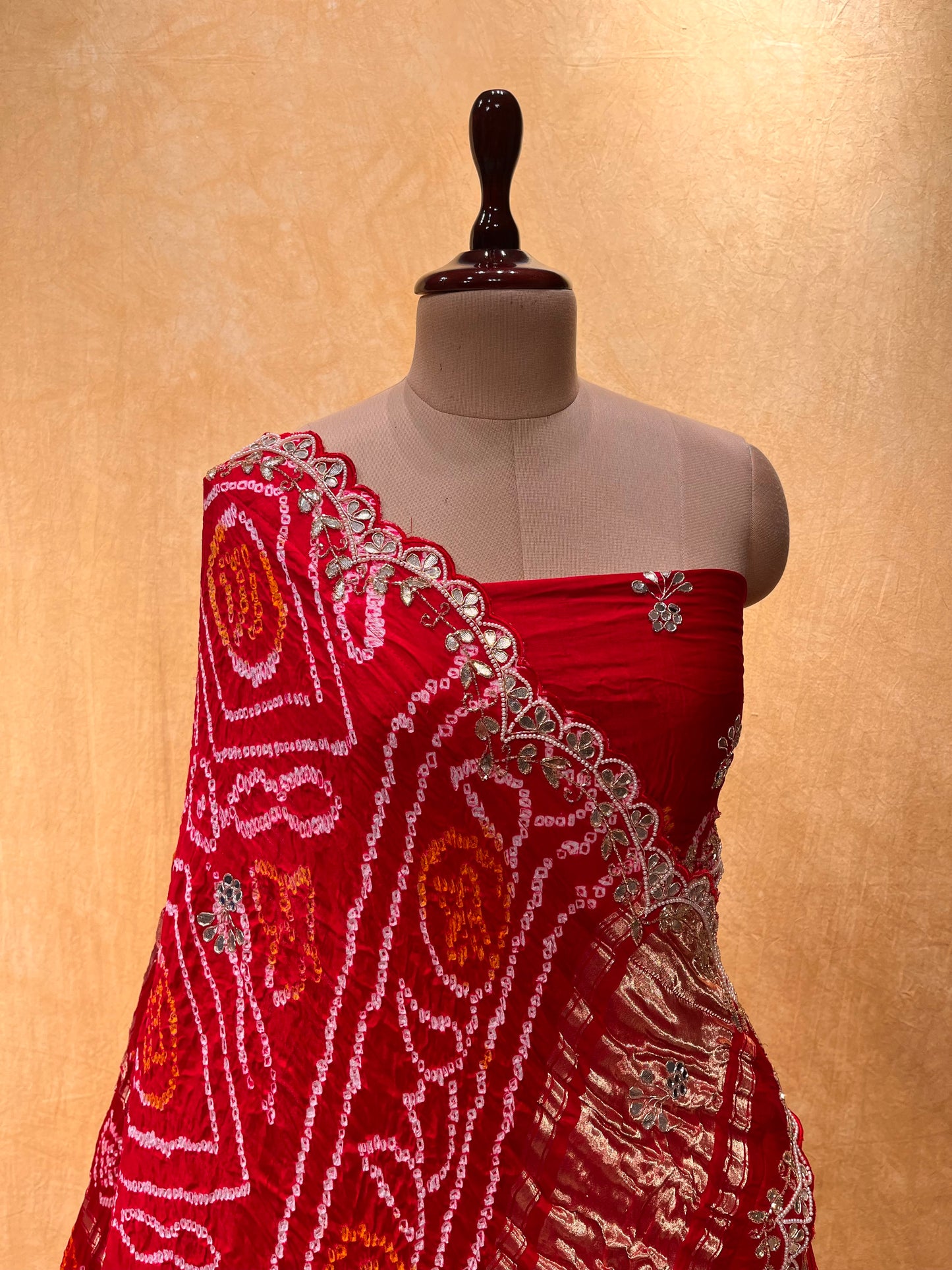 ( DELIVERY IN 25 DAYS ) RED COLOUR GAJJI SILK Gharchola LEHENGA EMBELLISHED WITH MIRROR, CUTDANA, GOTA PATTI & PEARL WORK