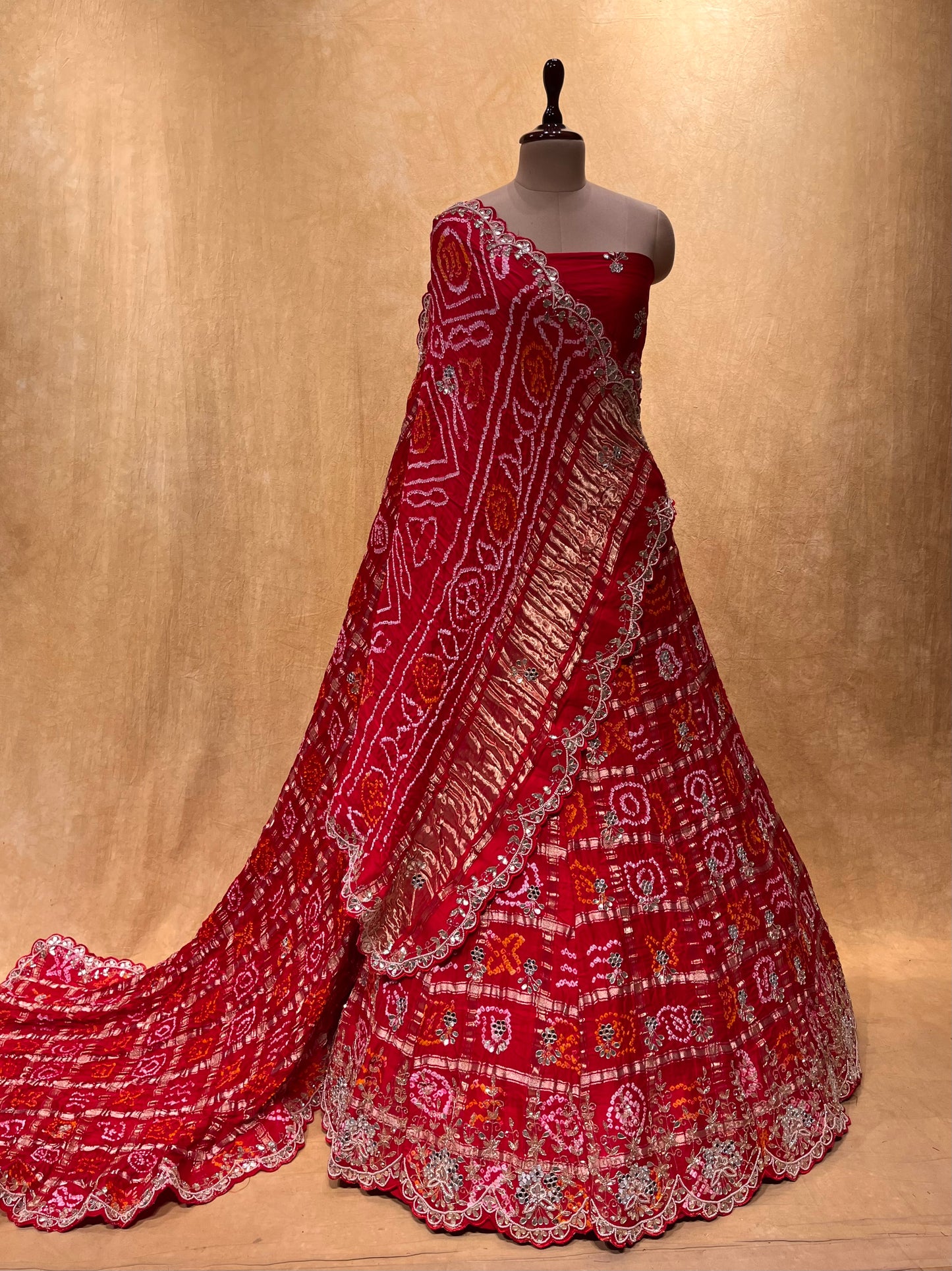 ( DELIVERY IN 25 DAYS ) RED COLOUR GAJJI SILK Gharchola LEHENGA EMBELLISHED WITH MIRROR, CUTDANA, GOTA PATTI & PEARL WORK
