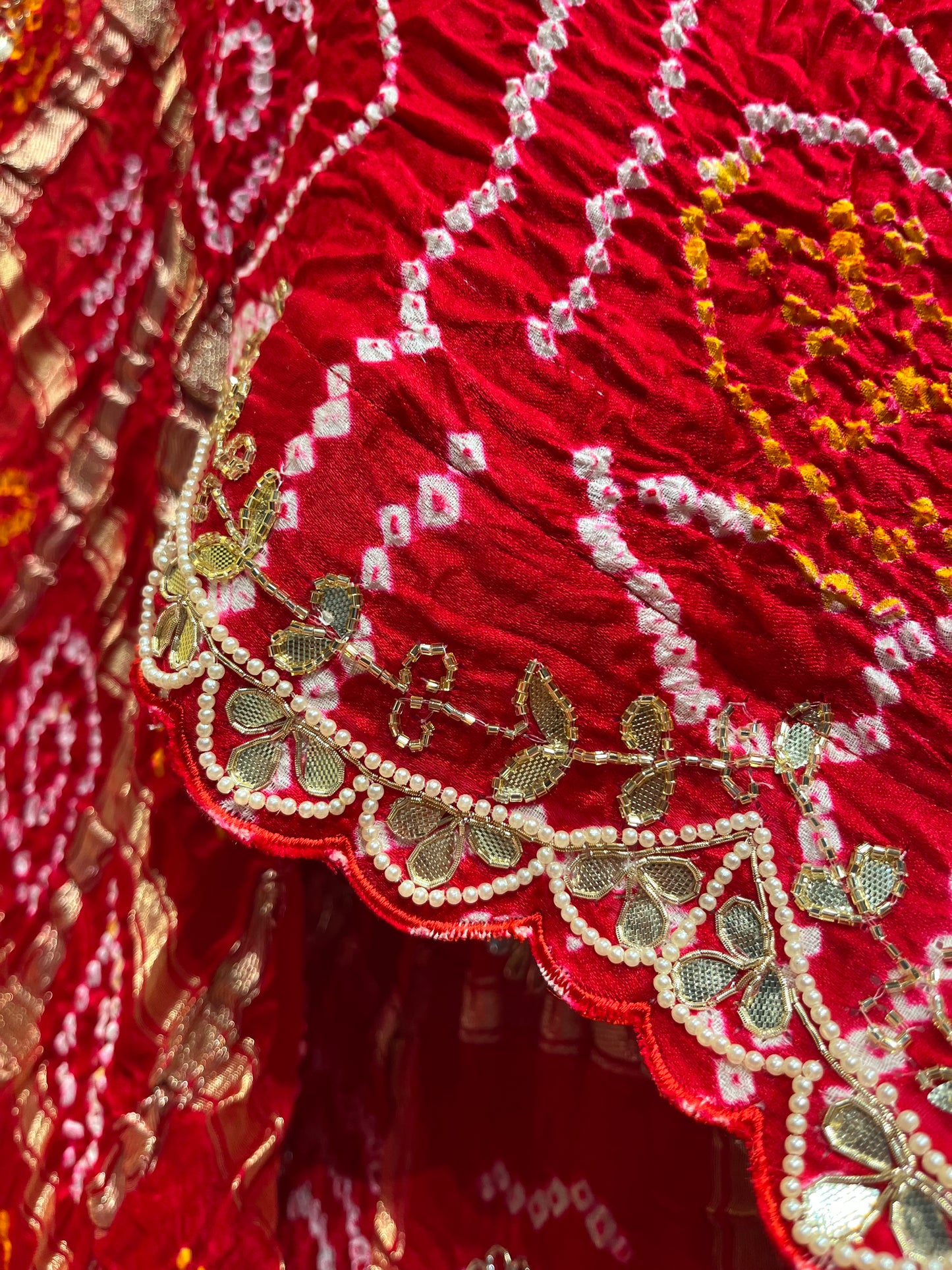 ( DELIVERY IN 25 DAYS ) RED COLOUR GAJJI SILK Gharchola LEHENGA EMBELLISHED WITH MIRROR, CUTDANA, GOTA PATTI & PEARL WORK