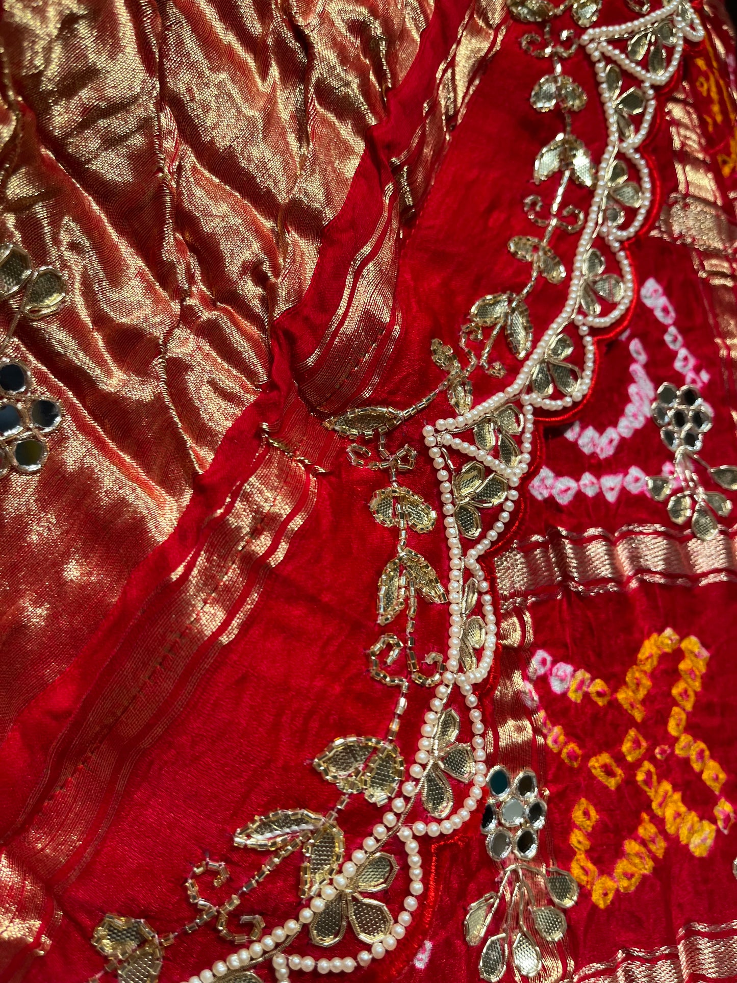 ( DELIVERY IN 25 DAYS ) RED COLOUR GAJJI SILK Gharchola LEHENGA EMBELLISHED WITH MIRROR, CUTDANA, GOTA PATTI & PEARL WORK