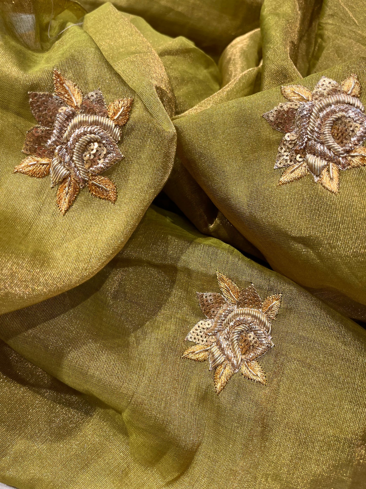 GREEN COLOUR CHANDERI TISSUE HAND EMBROIDERED SAREE EMBELLISHED WITH ZARDOZI & SEQUINS WORK