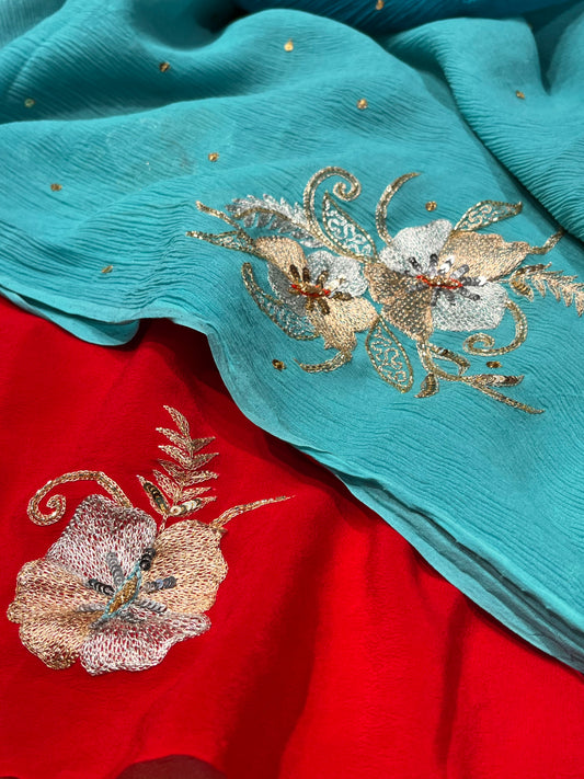 ( DELIVERY IN 30 DAYS ) SHADED PURE CHIFFON HAND EMBROIDERED SAREE EMBELLISHED WITH AARI WORK