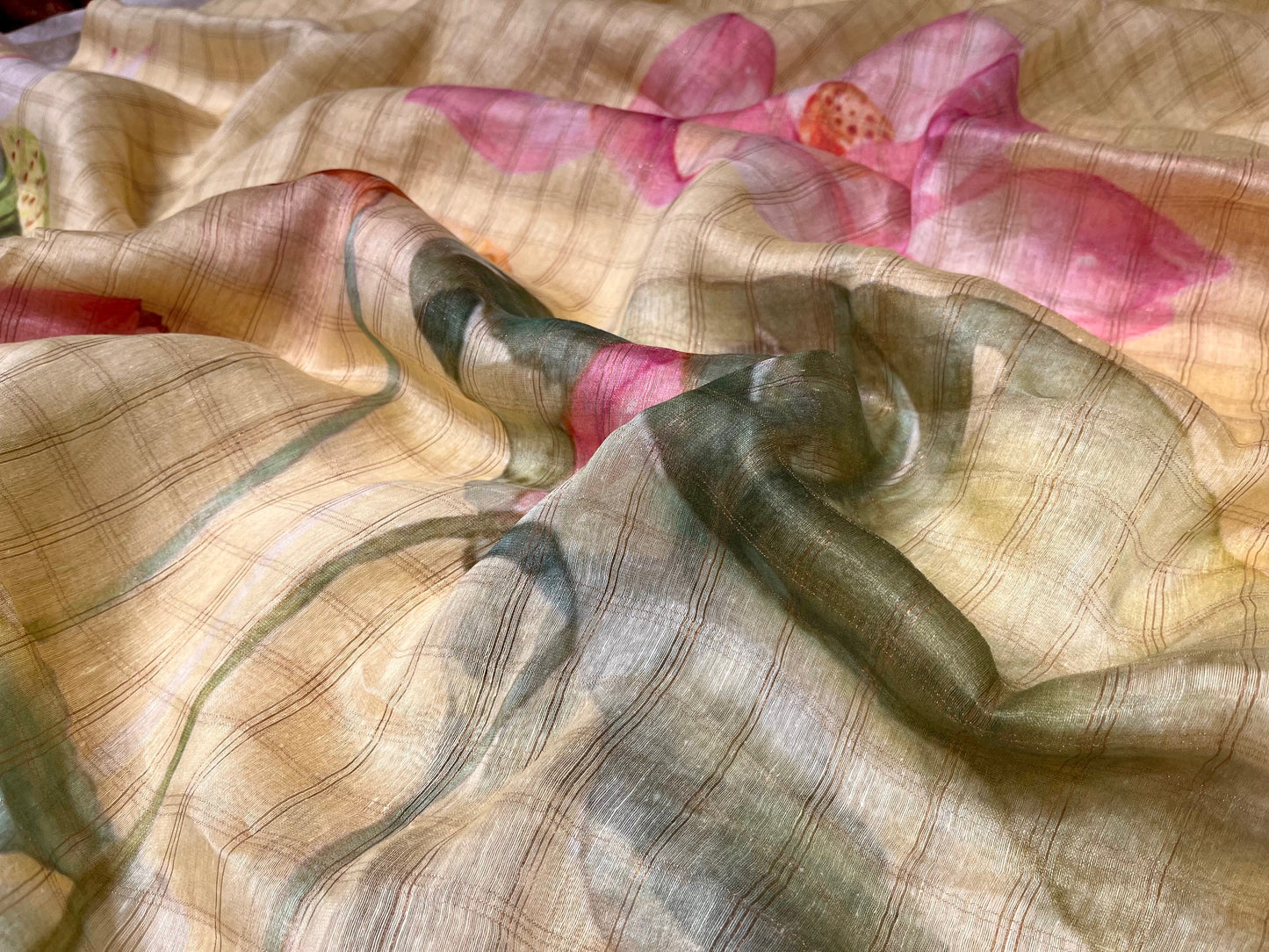 (DELIVERY IN 25 DAYS) YELLOW COLOUR LINEN SILK SELF CHECK PRINTED SAREE