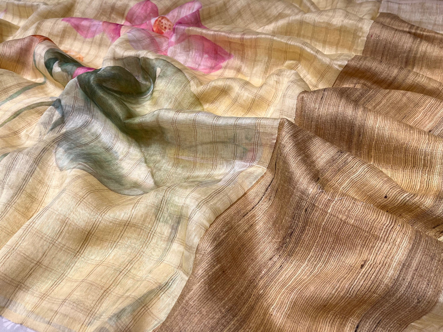 (DELIVERY IN 25 DAYS) YELLOW COLOUR LINEN SILK SELF CHECK PRINTED SAREE
