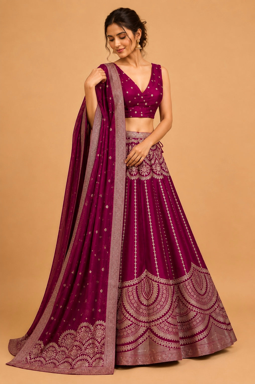 WINE COLOUR BANARASI SILK LEHENGA WITH DUPATTA & MONOTONE UNSTITCHED BLOUSE EMBELLISHED WITH ZARI WEAVES