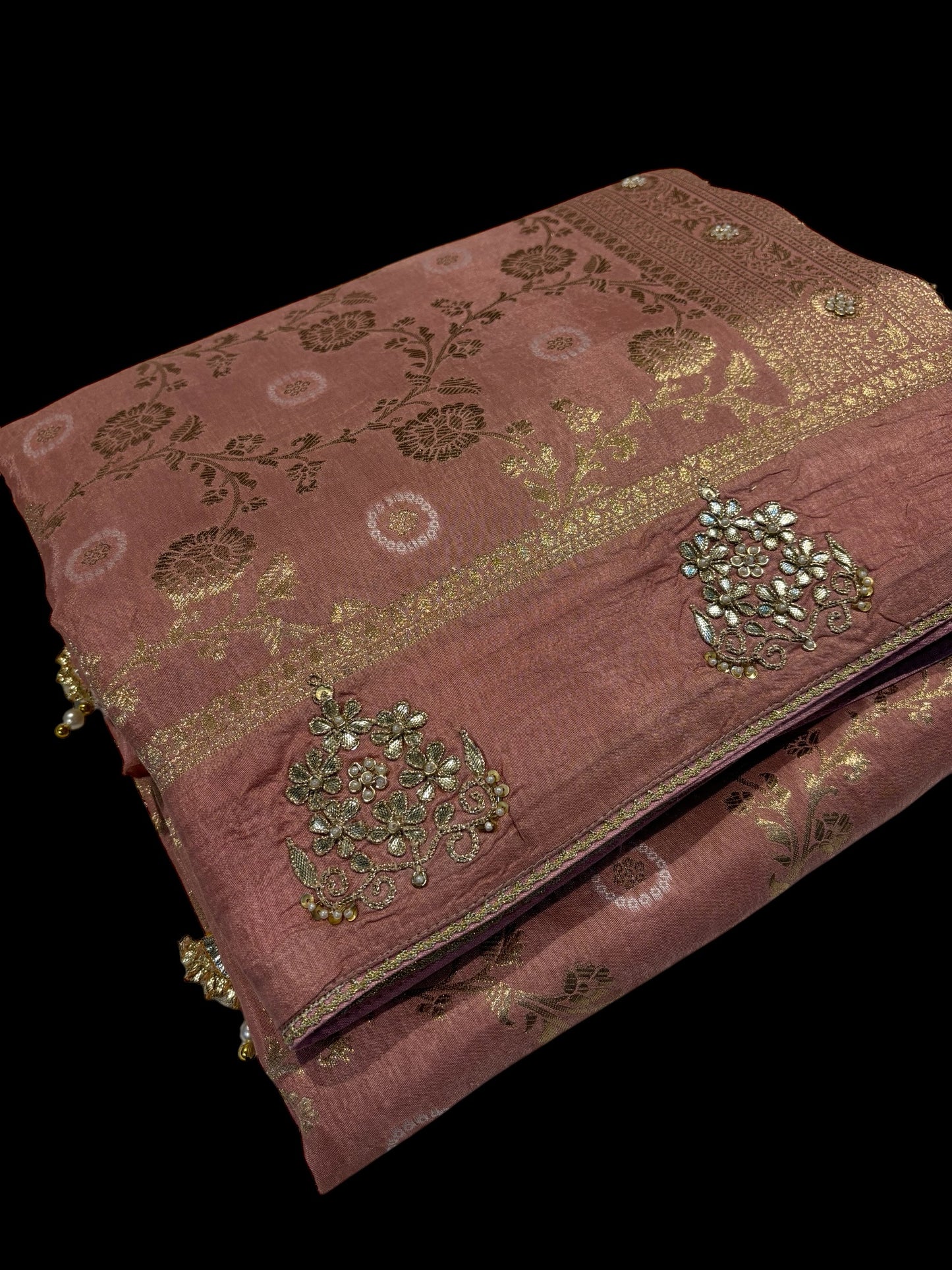 POWEDER PEACH COLOR DOLA SILK SAREE WITH GOTA PATTI WORK