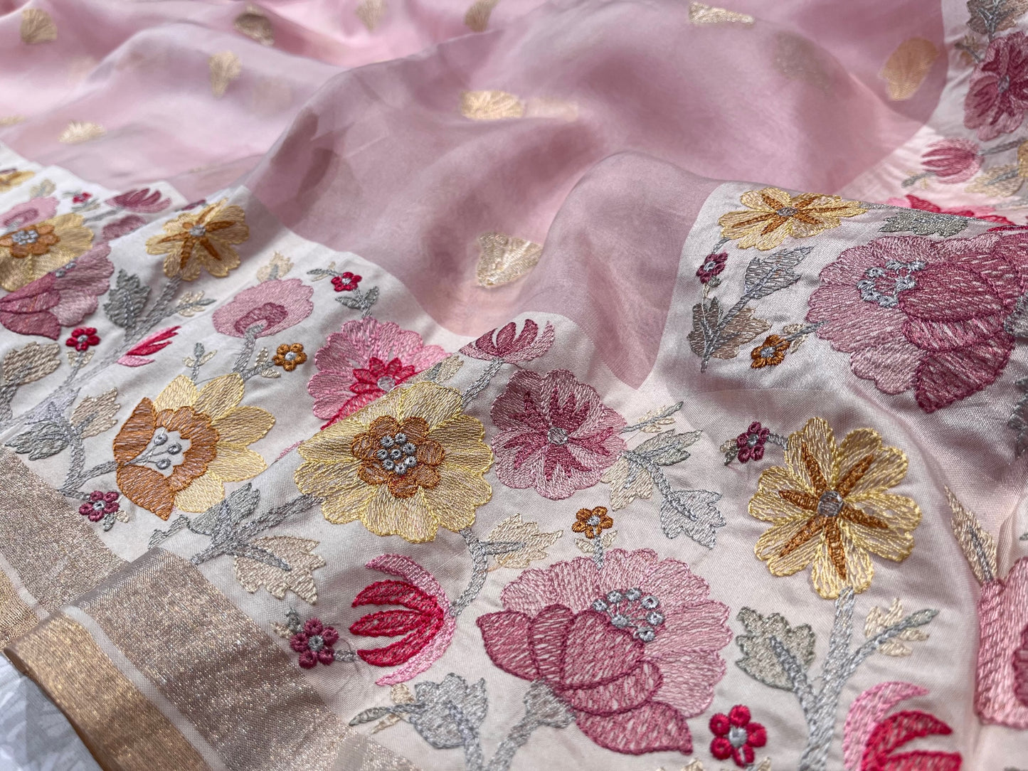 BABY PINK COLOUR PURE ORGANZA EMBROIDERED SAREE EMBELLISHED WITH RESHAM WORK