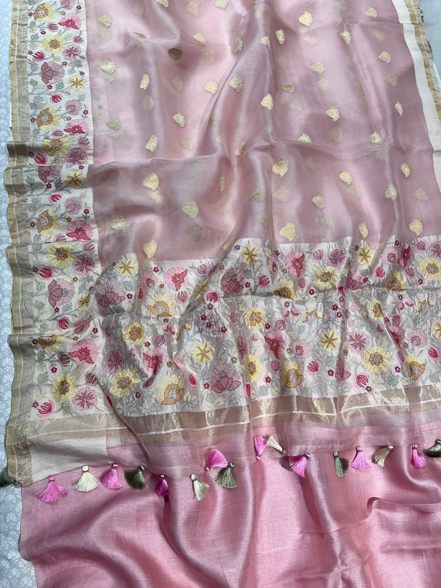 BABY PINK COLOUR PURE ORGANZA EMBROIDERED SAREE EMBELLISHED WITH RESHAM WORK
