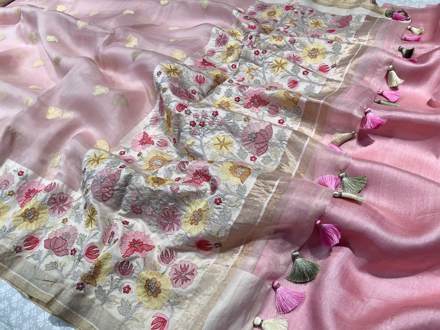 BABY PINK COLOUR PURE ORGANZA EMBROIDERED SAREE EMBELLISHED WITH RESHAM WORK