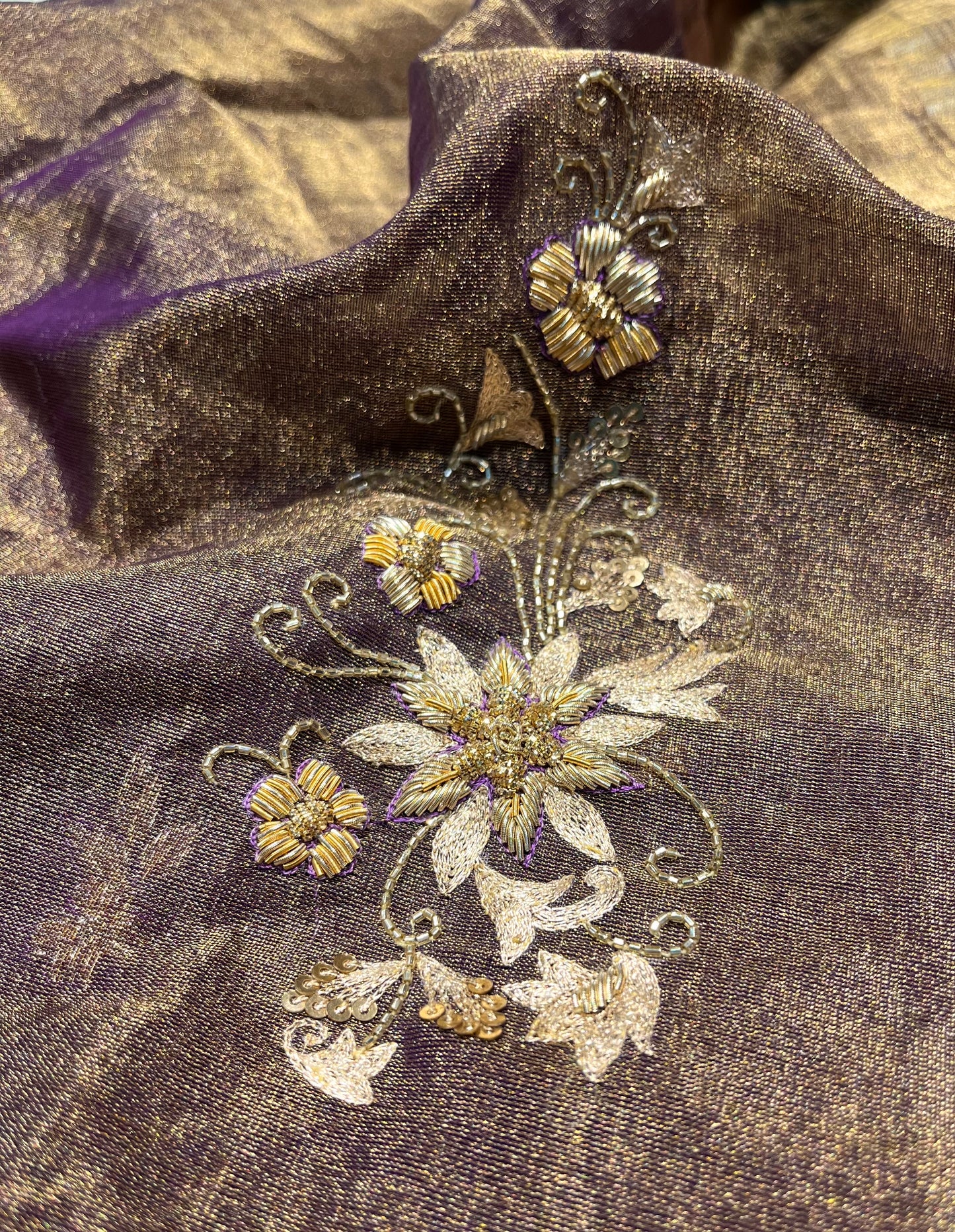 PURPLE COLOUR CHANDERI TISSUE HAND EMBROIDERED SAREE EMBELLISHED WITH ZARDOZI WORK