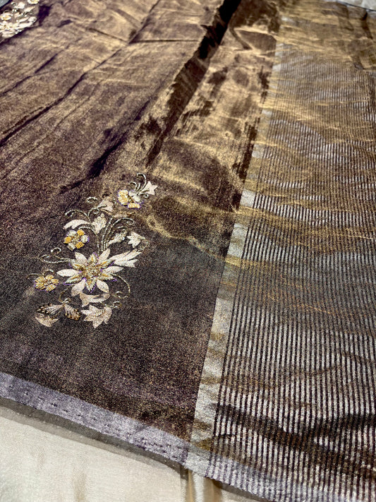 PURPLE COLOUR CHANDERI TISSUE HAND EMBROIDERED SAREE EMBELLISHED WITH ZARDOZI WORK