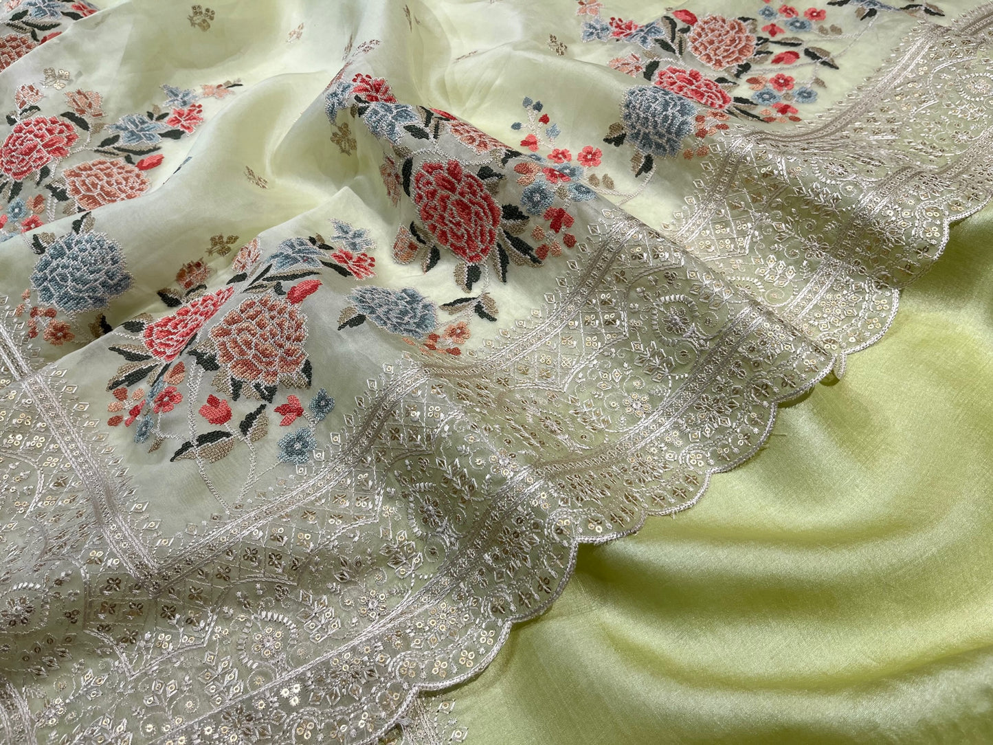 PISTA COLOUR PURE ORGANZA EMBROIDERED SAREE EMBELLISHED WITH CROSS STITCH EMBROIDERY & SCALLOPED EMBROIDERED BORDER