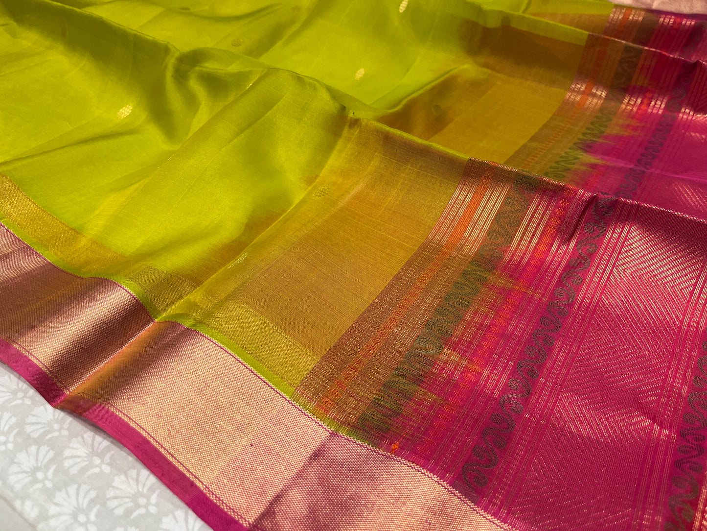 PARROT GREEN COLOUR PURE ORGANZA DHARMAVARAM SAREE EMBELLISHED WITH ZARI BORDER