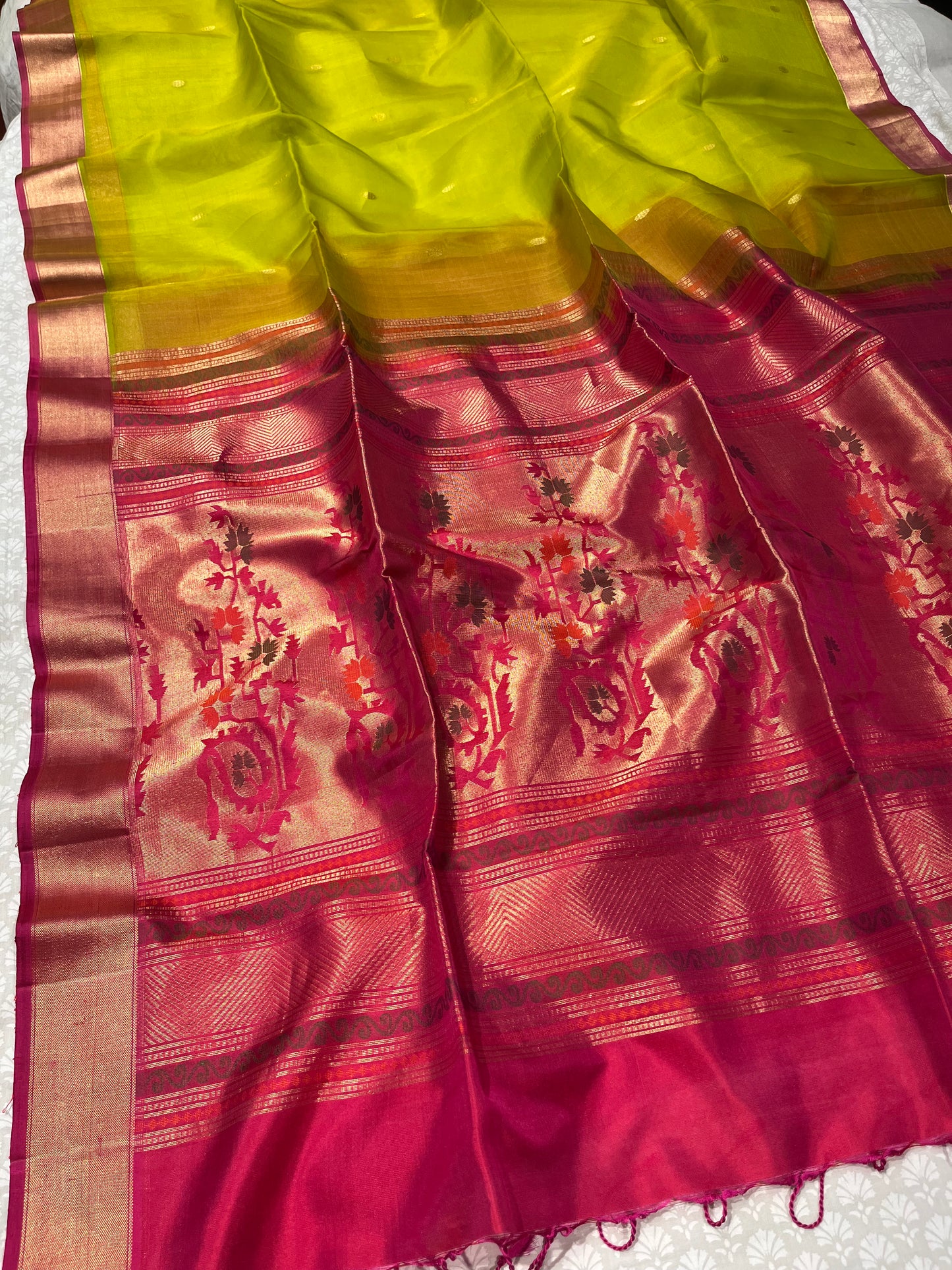 PARROT GREEN COLOUR PURE ORGANZA DHARMAVARAM SAREE EMBELLISHED WITH ZARI BORDER