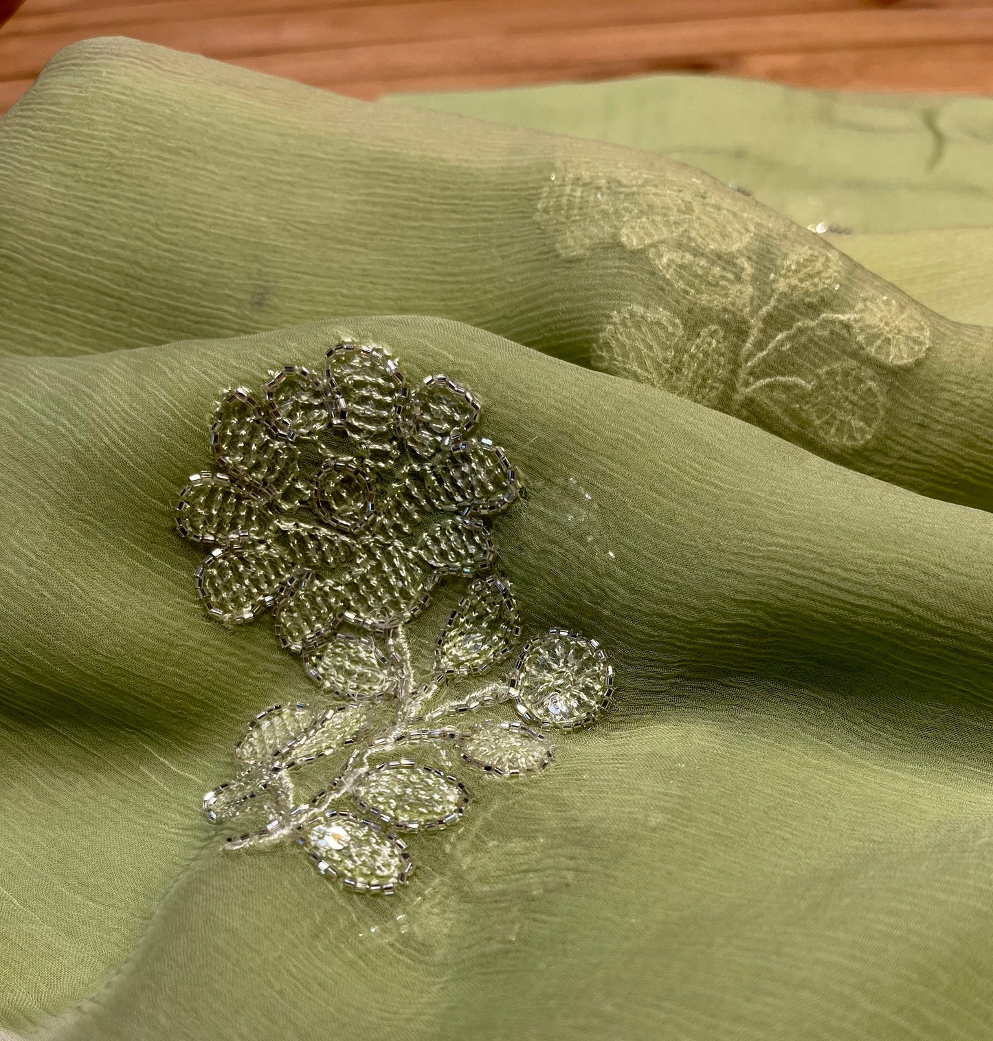 ( DELIVERY IN 20 DAYS )PISTA COLOUR CHIFFON EMBROIDERED SAREE EMBELLISHED WITH CUTDANA & SEQUINS WORK