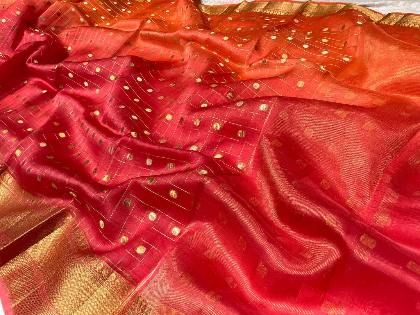 ( DELIVERY IN 25 DAYS ) PEACH SHADED PURE ORGANZA BANARASI ZARI CHECK SAREE