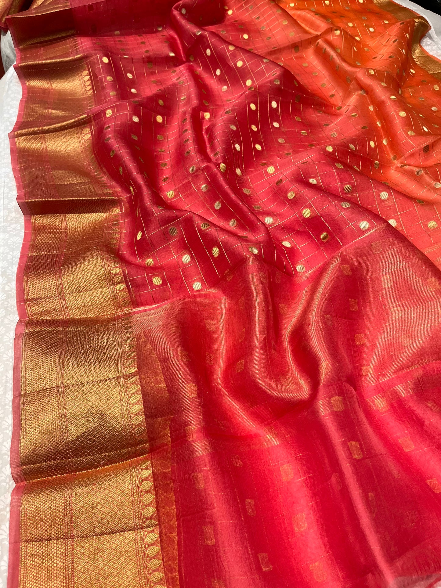 ( DELIVERY IN 25 DAYS ) PEACH SHADED PURE ORGANZA BANARASI ZARI CHECK SAREE