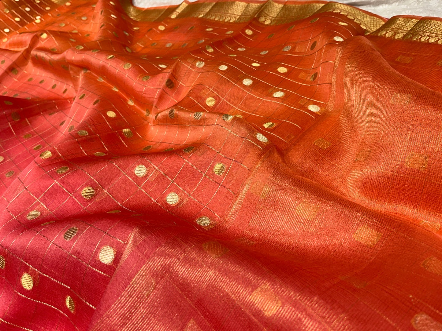 ( DELIVERY IN 25 DAYS ) PEACH SHADED PURE ORGANZA BANARASI ZARI CHECK SAREE