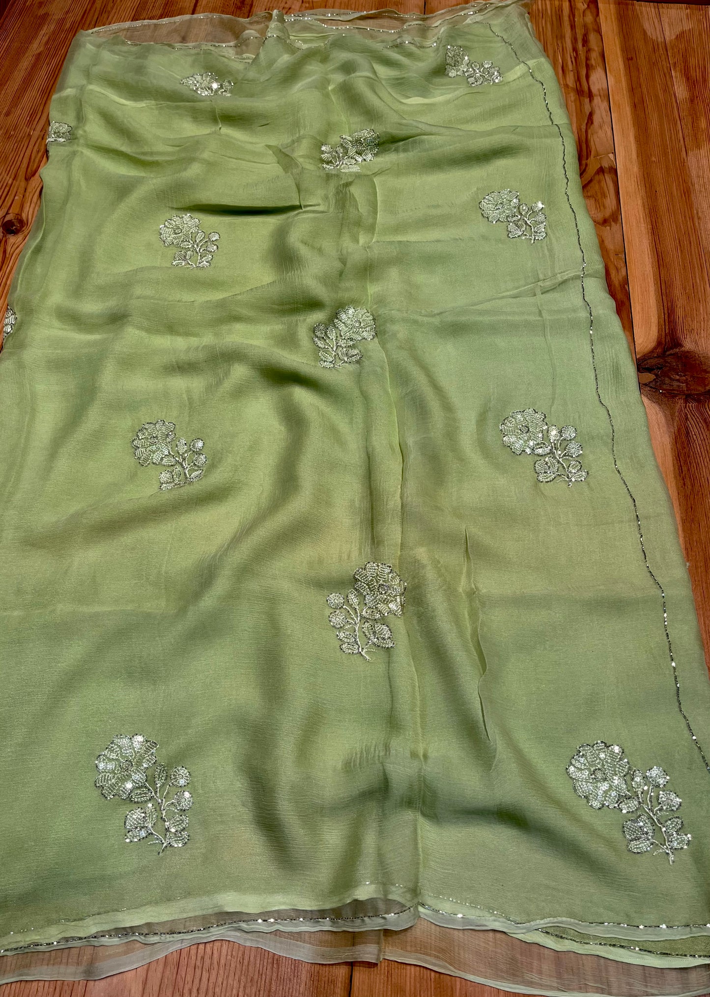 ( DELIVERY IN 20 DAYS )PISTA COLOUR CHIFFON EMBROIDERED SAREE EMBELLISHED WITH CUTDANA & SEQUINS WORK