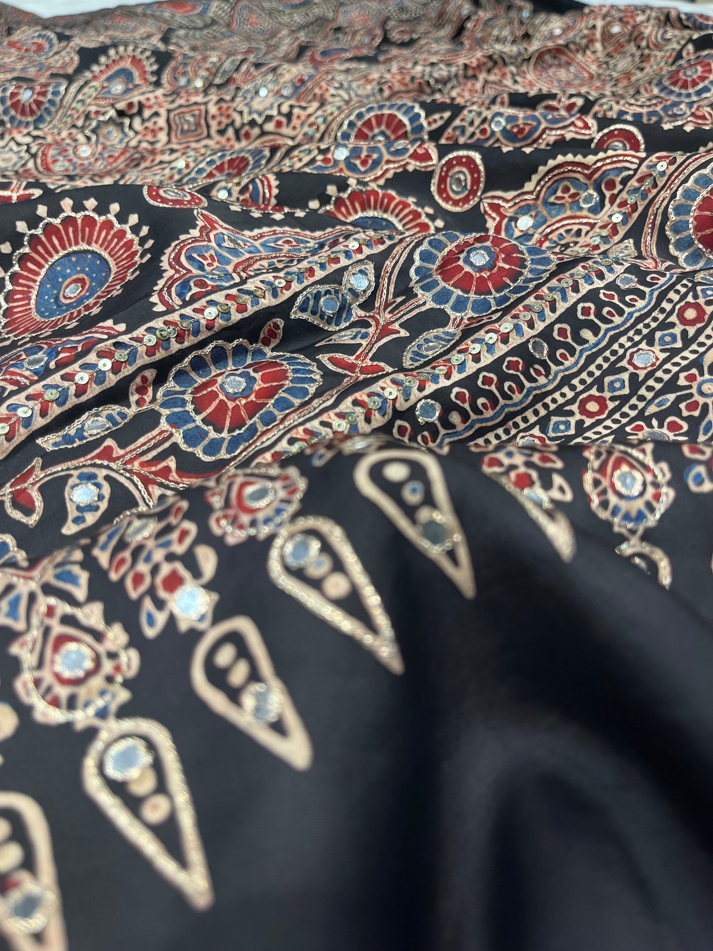 BLACK AJRAK PRINTED MODAL SILK SAREE WITH AARI WORK