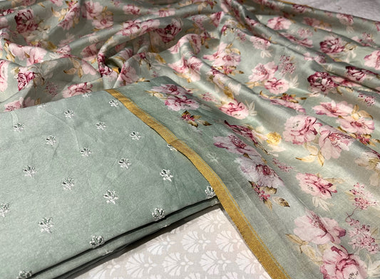 SEA GREEN COLOUR CHANDERI UNSTITCHED EMBROIDERED SUIT WITH FLORAL DUPATTA
