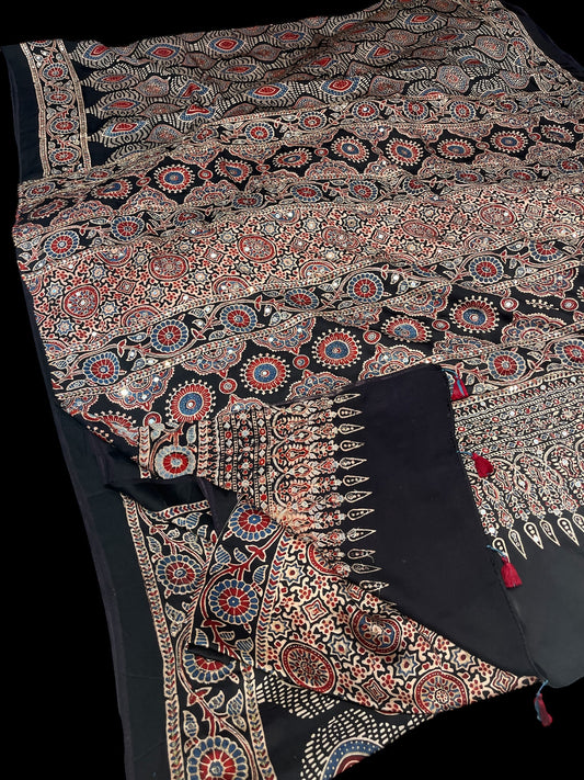 BLACK AJRAK PRINTED MODAL SILK SAREE WITH AARI WORK