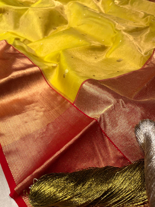 LEMON GREEN COLOUR CHANDERI TISSUE HANDLOOM SAREE EMBELLISHED WITH ZARI WEAVES