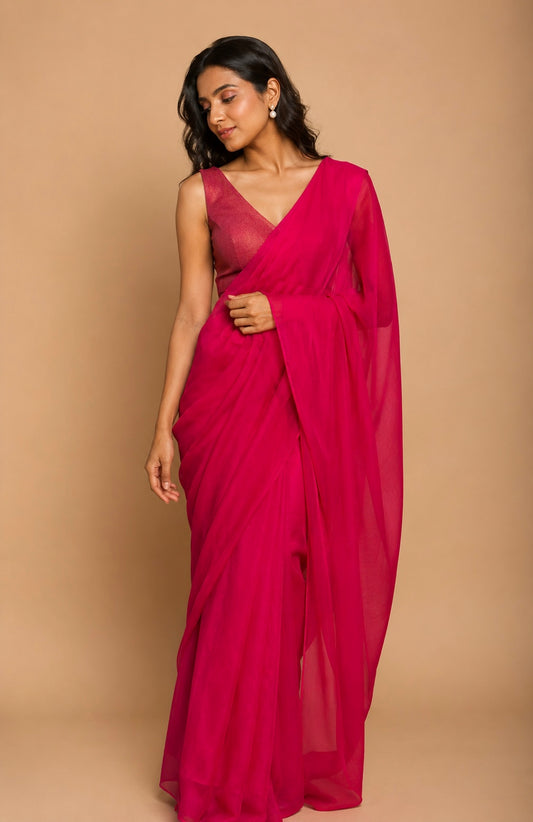 HOT PINK COLOUR CHIFFON SAREE WITH CREPE TISSUE UNSTITCHED BLOUSE