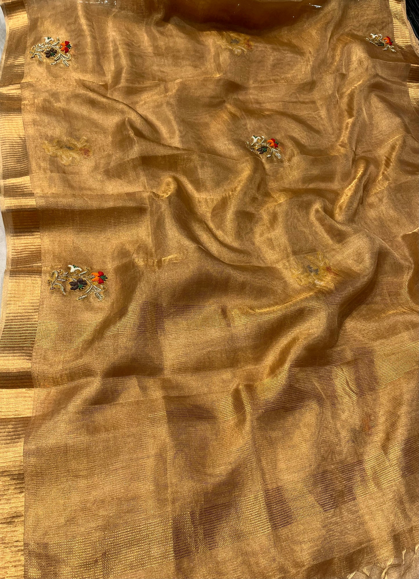 GOLDEN MACLINO HAND EMBROIDERED SAREE EMBELLISHED WITH ZARDOZI & BEADS WORK - Kothari Sons