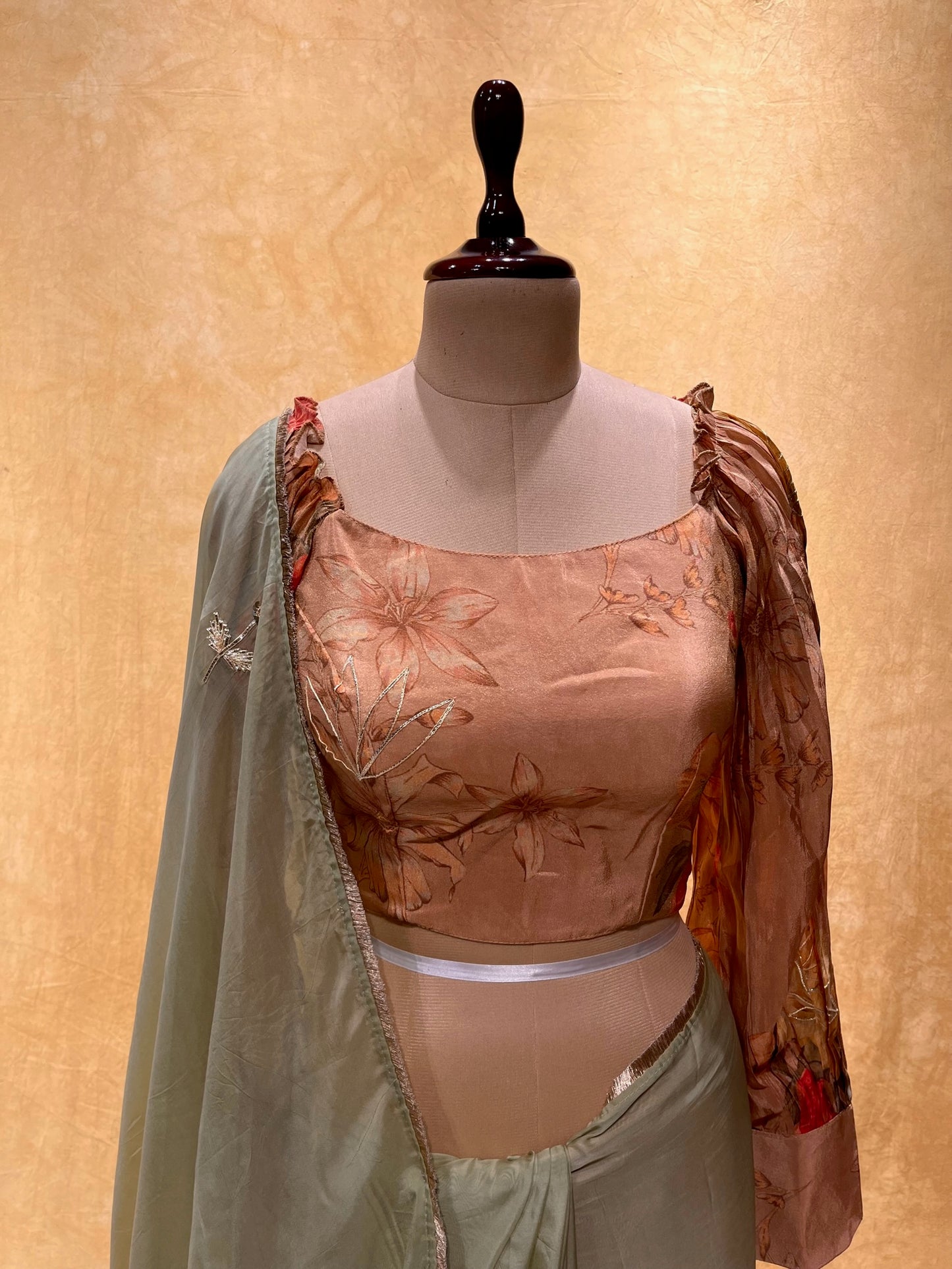 ( DELIVERY IN 25 DAYS ) PASTEL GREEN COLOUR READYMADE BLOUSE ORGANZA SAREE EMBELLISHED WITH APPLIQUE WORK