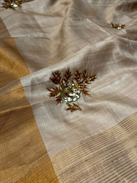 IVORY COLOUR PURE TUSSAR SILK HAND EMBROIDERED SAREE EMBELLISHED WITH SEQUINS WORK - Kothari Sons