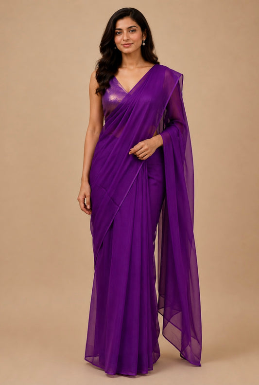 PURPLE COLOUR CHIFFON SAREE WITH CREPE TISSUE UNSTITCHED BLOUSE