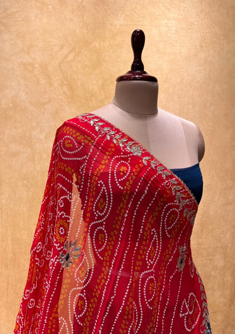 (DELIVERY IN 25 DAYS) BLUE COLOUR GEORGETTE BANDHEJ LEHENGA EMBELLISHED WITH GOTA PATTI & CUTDANA WORK