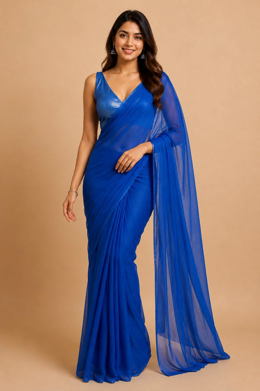 BLUE COLOUR CHIFFON SAREE WITH CREPE TISSUE UNSTITCHED BLOUSE