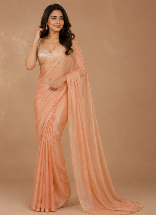 PEACH COLOUR CHIFFON SAREE WITH CREPE TISSUE UNSTITCHED BLOUSE