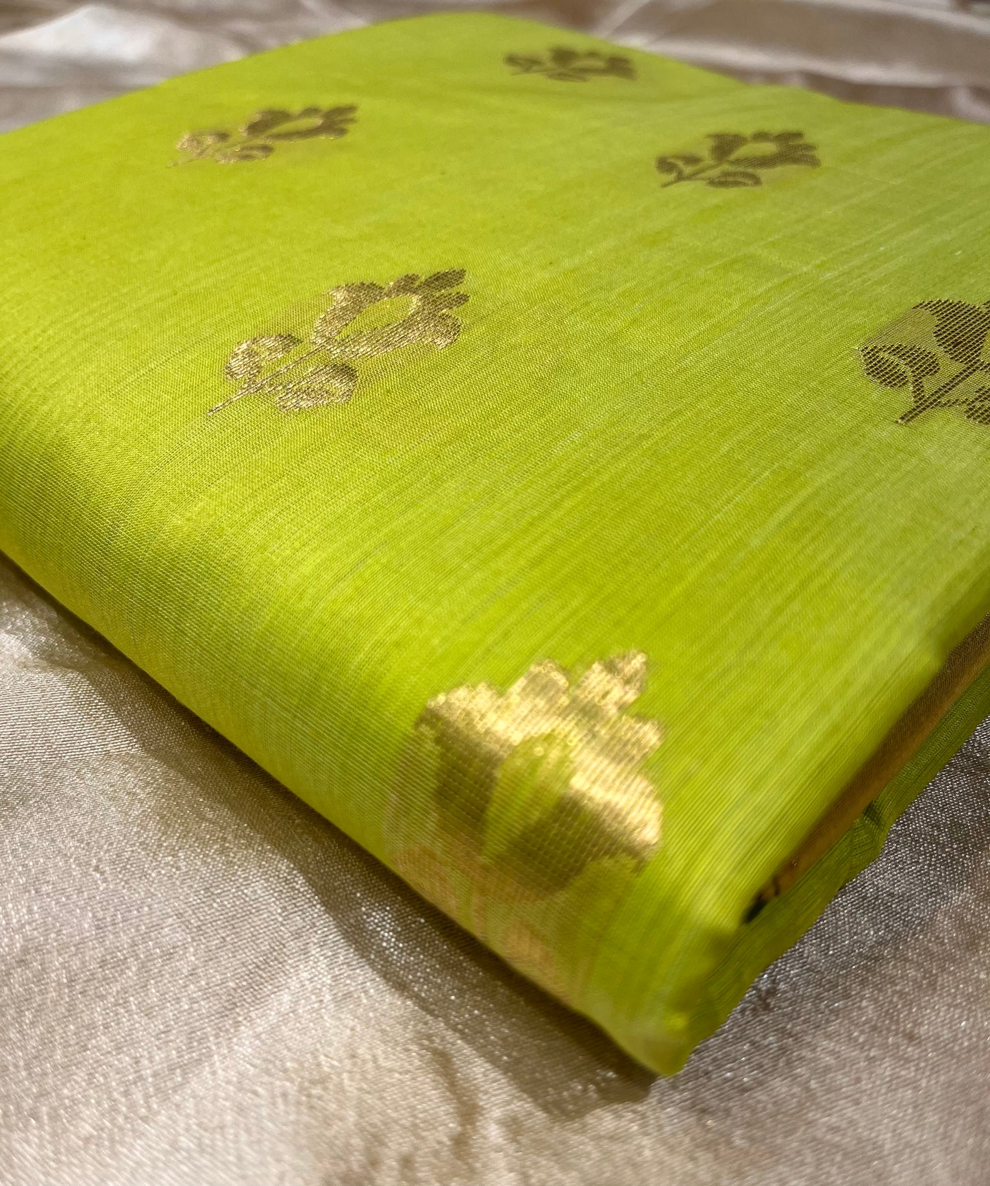 PARROT GREEN COLOUR CHANDERI COTTON SAREE EMBELLISHED WITH ZARI WEAVES