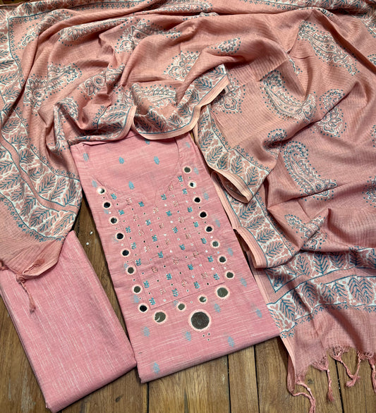 PINK LINEN COTTON EMBROIDERED UNSTITCHED SUIT EMBELLISHED WITH MIRROR WORK