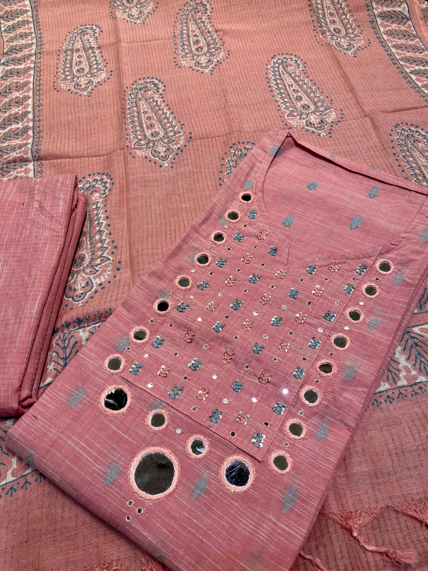 PINK LINEN COTTON EMBROIDERED UNSTITCHED SUIT EMBELLISHED WITH MIRROR WORK