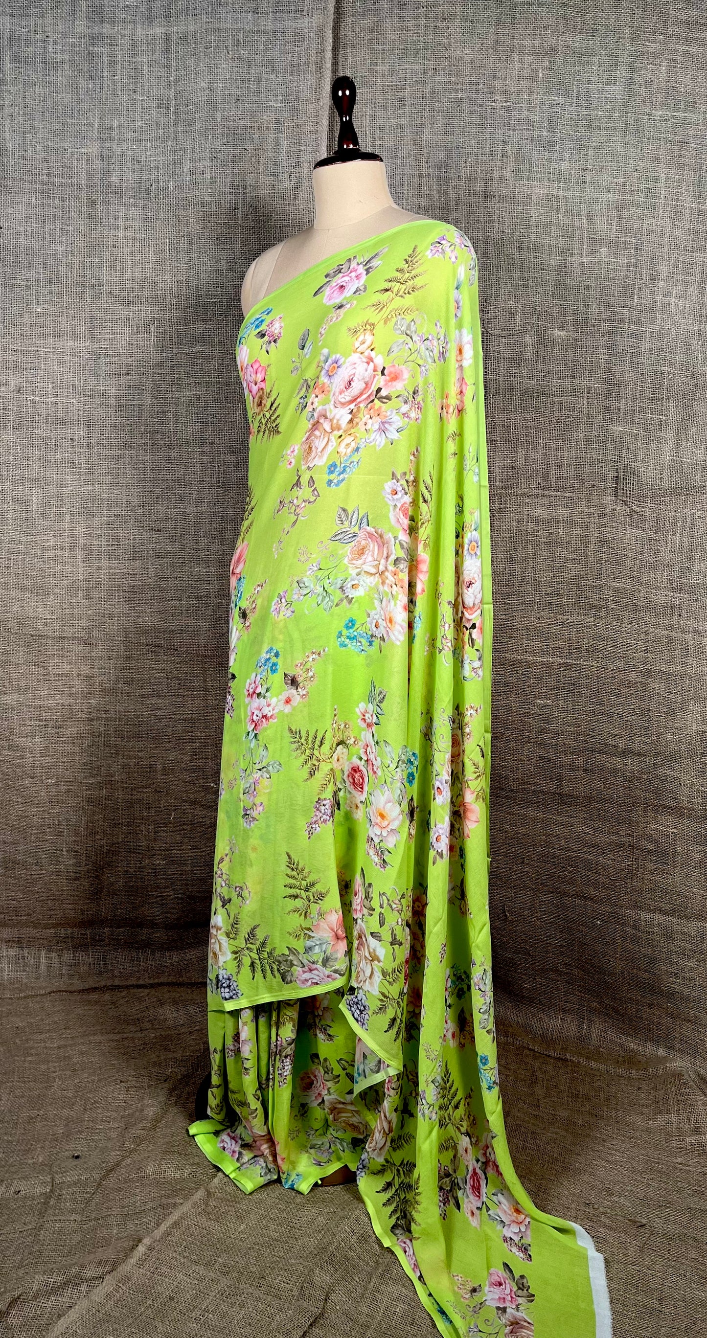 ( DELIVERY IN 30 DAYS ) GREEN COLOUR PURE CHIFFON PRINTED SAREE