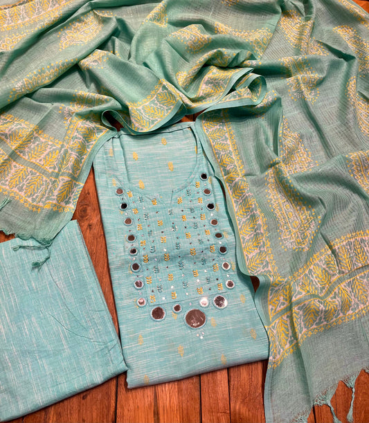 TURQUOISE COLOUR LINEN COTTON UNSTITCHED SUIT EMBELLISHED WITH MIRROR WORK