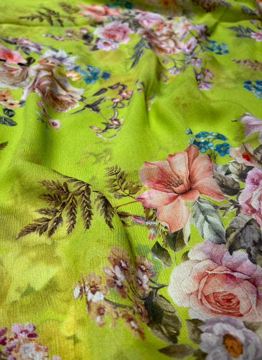 ( DELIVERY IN 30 DAYS ) GREEN COLOUR PURE CHIFFON PRINTED SAREE