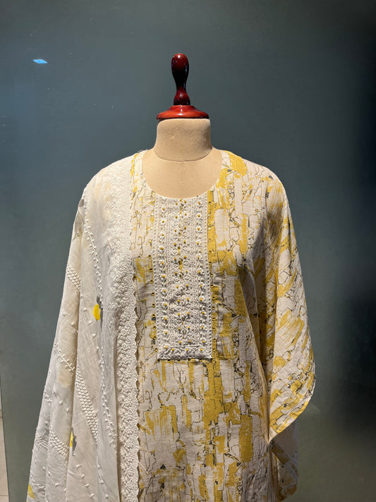 YELLOW COLOUR LINEN UNSTITCHED SUIT WITH HAND PAINTED DUPATTA