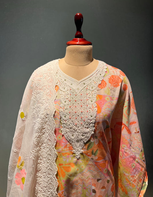 PINK COLOUR COTTON UNSTITCHED SUIT WITH HAND PAINTED DUPATTA