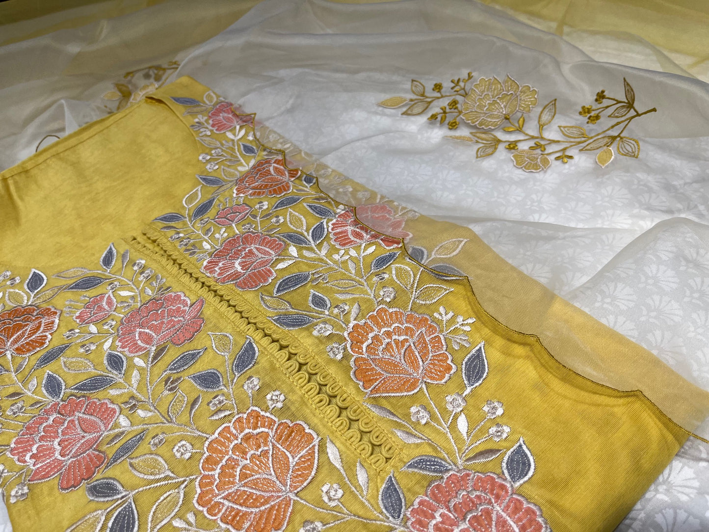 (DELIVERY IN 25 DAYS) YELLOW COLOUR CHANDERI EMBROIDERED UNSTITCHED SUIT WITH ORGANZA SHADED DUPATTA EMBELLISHED WITH RESHAM EMBROIDERY