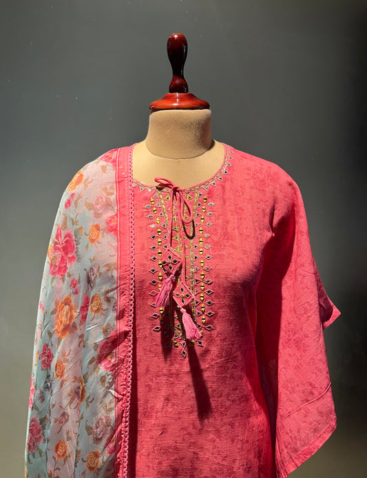 PINK COLOUR LINEN UNSTITCHED SUIT WITH ORGANZA DUPATTA