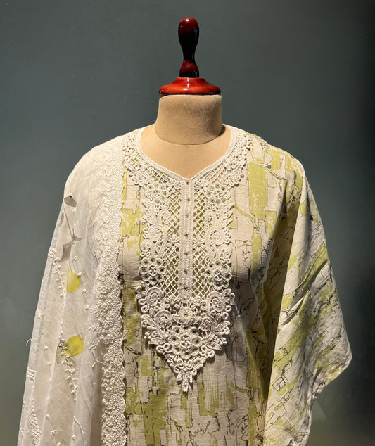 GREEN COLOUR LINEN UNSTITCHED SUIT WITH HAND PAINTED DUPATTA