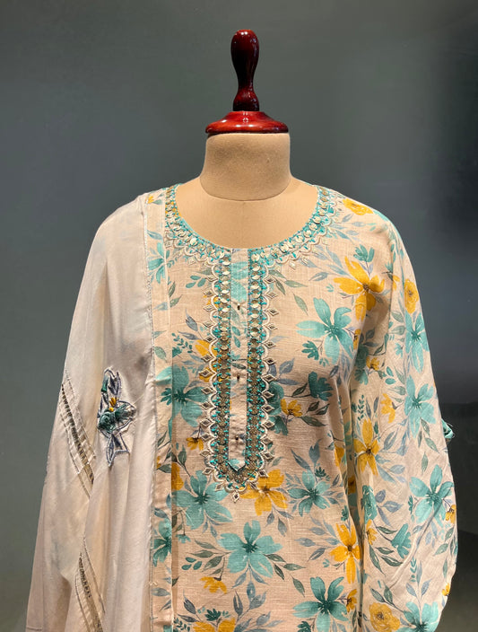 IVORY COLOUR LINEN UNSTITCHED SUIT EMBELLISHED WITH RESHAM & MIRROR FOIL WORK