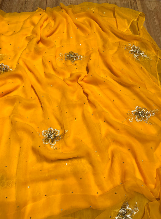 ( DELIVERY IN 30 DAYS ) MUSTARD COLOUR CHIFFON EMBROIDERED SAREE EMBELLISHED WITH AARI & SEQUINS WORK
