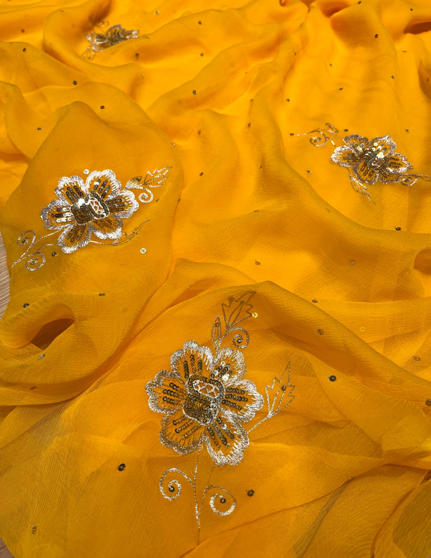( DELIVERY IN 30 DAYS ) MUSTARD COLOUR CHIFFON EMBROIDERED SAREE EMBELLISHED WITH AARI & SEQUINS WORK